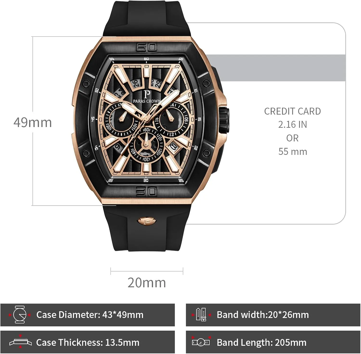 Mens Watches Analog Quartz Luxury Tonneau Watches for Men Japanese Movement 50M Waterproof Stainless Steel Case Luminous Sport Watch