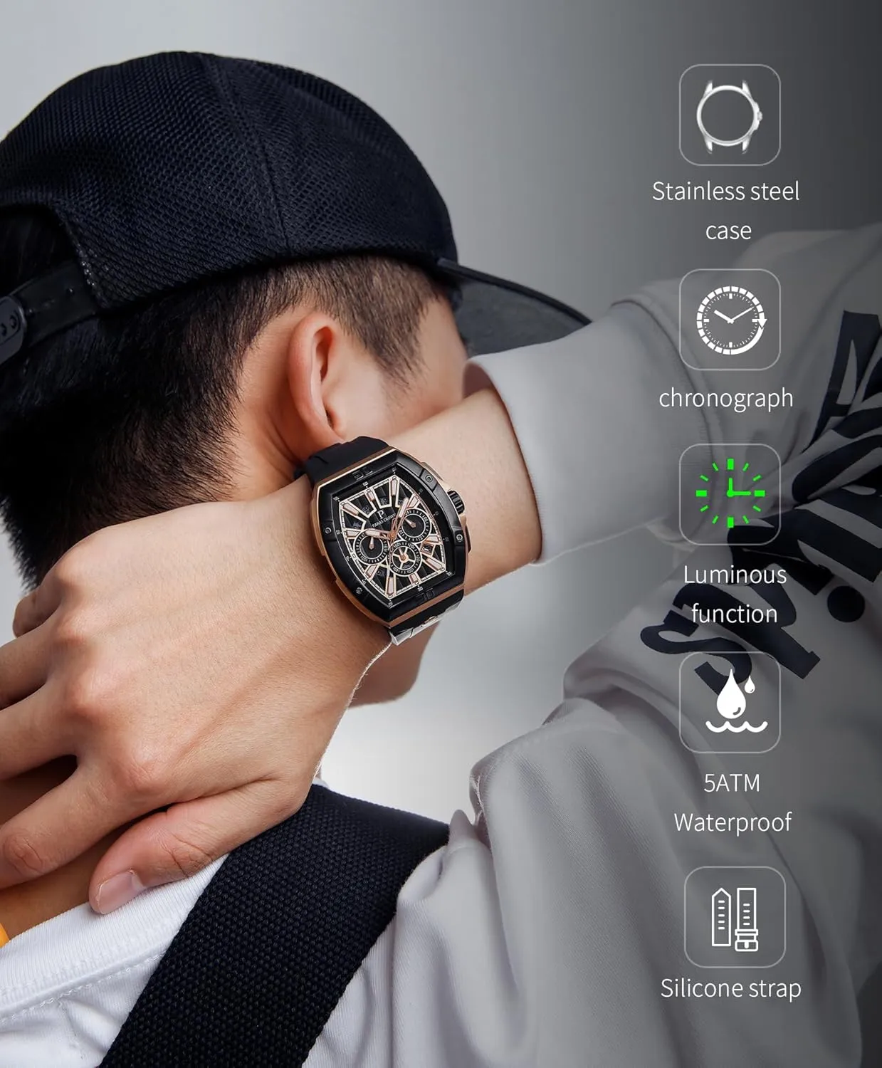 Mens Watches Analog Quartz Luxury Tonneau Watches for Men Japanese Movement 50M Waterproof Stainless Steel Case Luminous Sport Watch