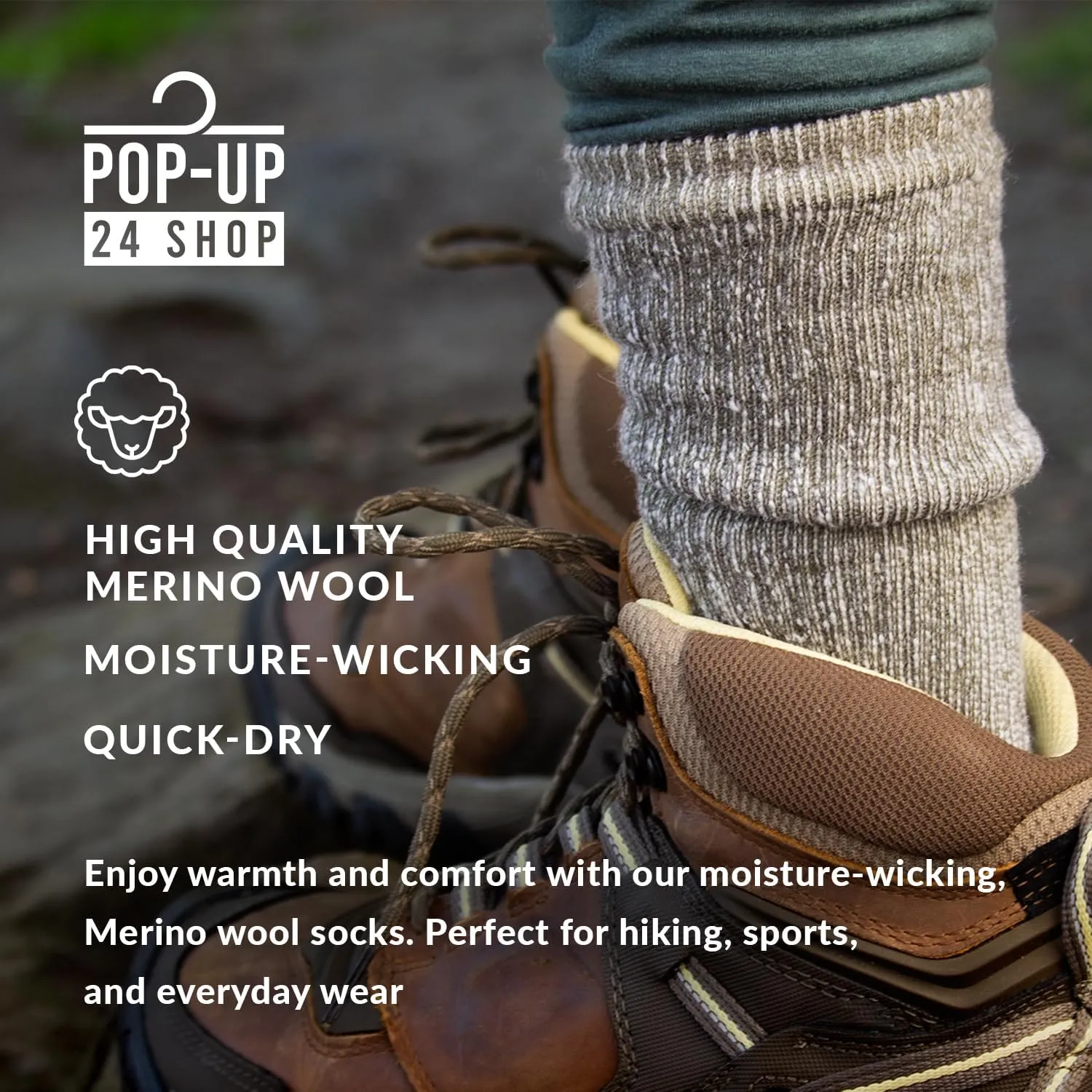 Men's/Women's L & XL Merino Wool Hiking Running Outdoor Work Socks - 3 Pairs, Biodegradable Bag