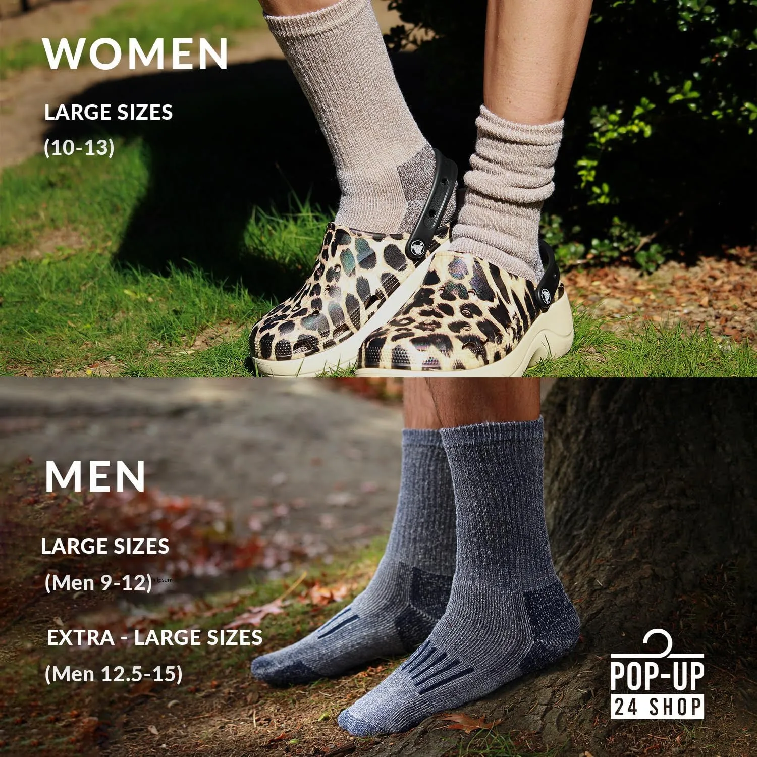 Men's/Women's L & XL Merino Wool Hiking Running Outdoor Work Socks - 3 Pairs, Biodegradable Bag