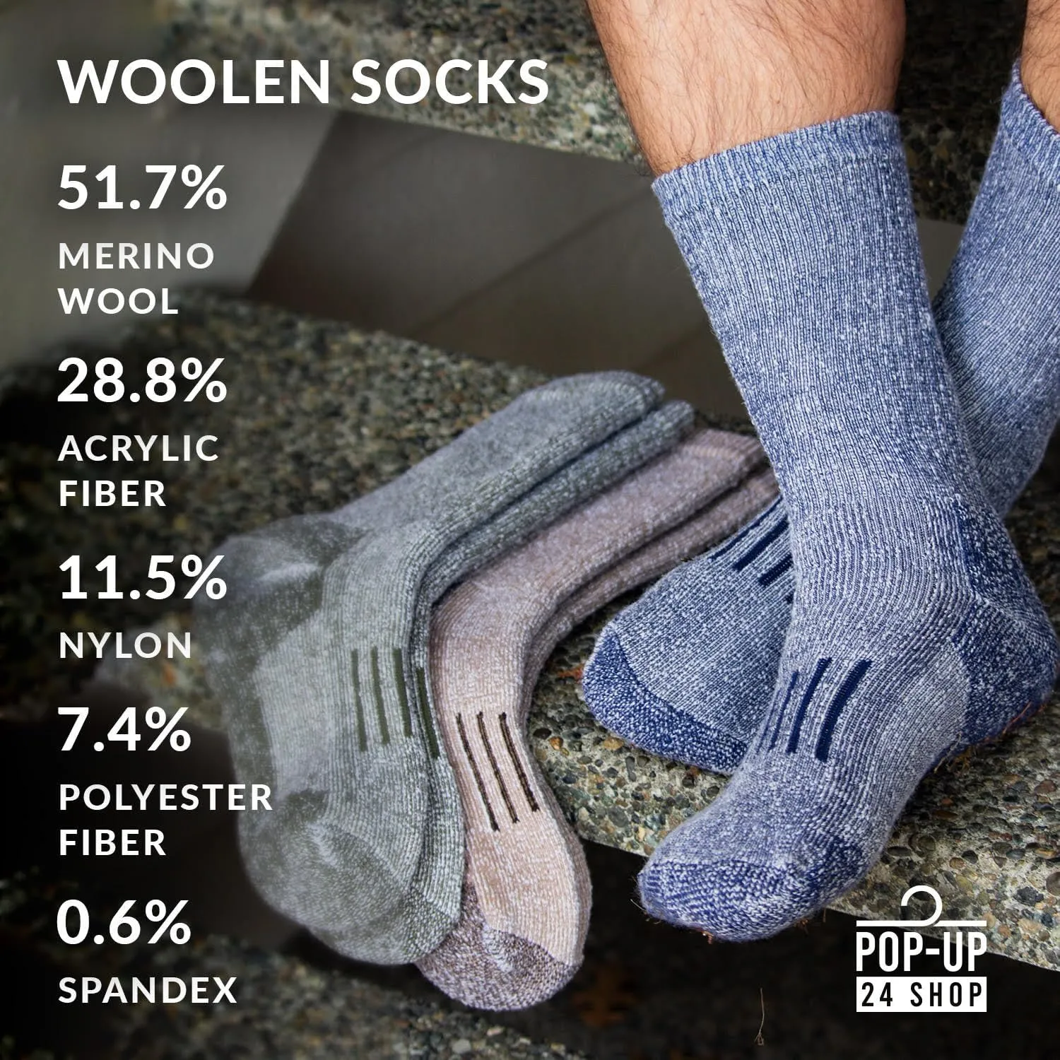 Men's/Women's L & XL Merino Wool Hiking Running Outdoor Work Socks - 3 Pairs, Biodegradable Bag