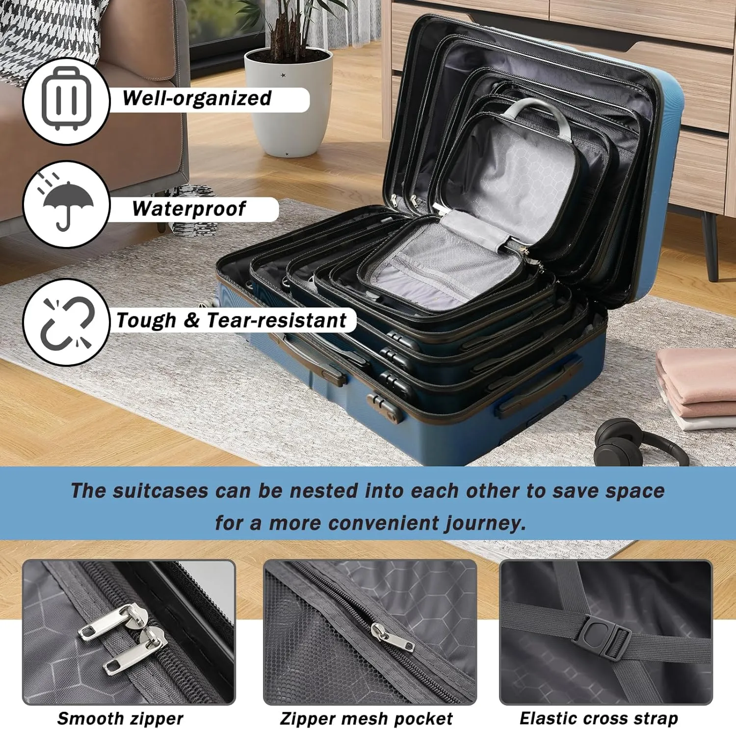 Merax Luggage Set 6 Piece, Hardshell ABS Suitcases with 8 Silent Spinner Wheels, Durable and Lightweight Travel Luggage for Family Trips, Ink Blue
