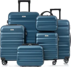 Merax Luggage Set 6 Piece, Hardshell ABS Suitcases with 8 Silent Spinner Wheels, Durable and Lightweight Travel Luggage for Family Trips, Ink Blue