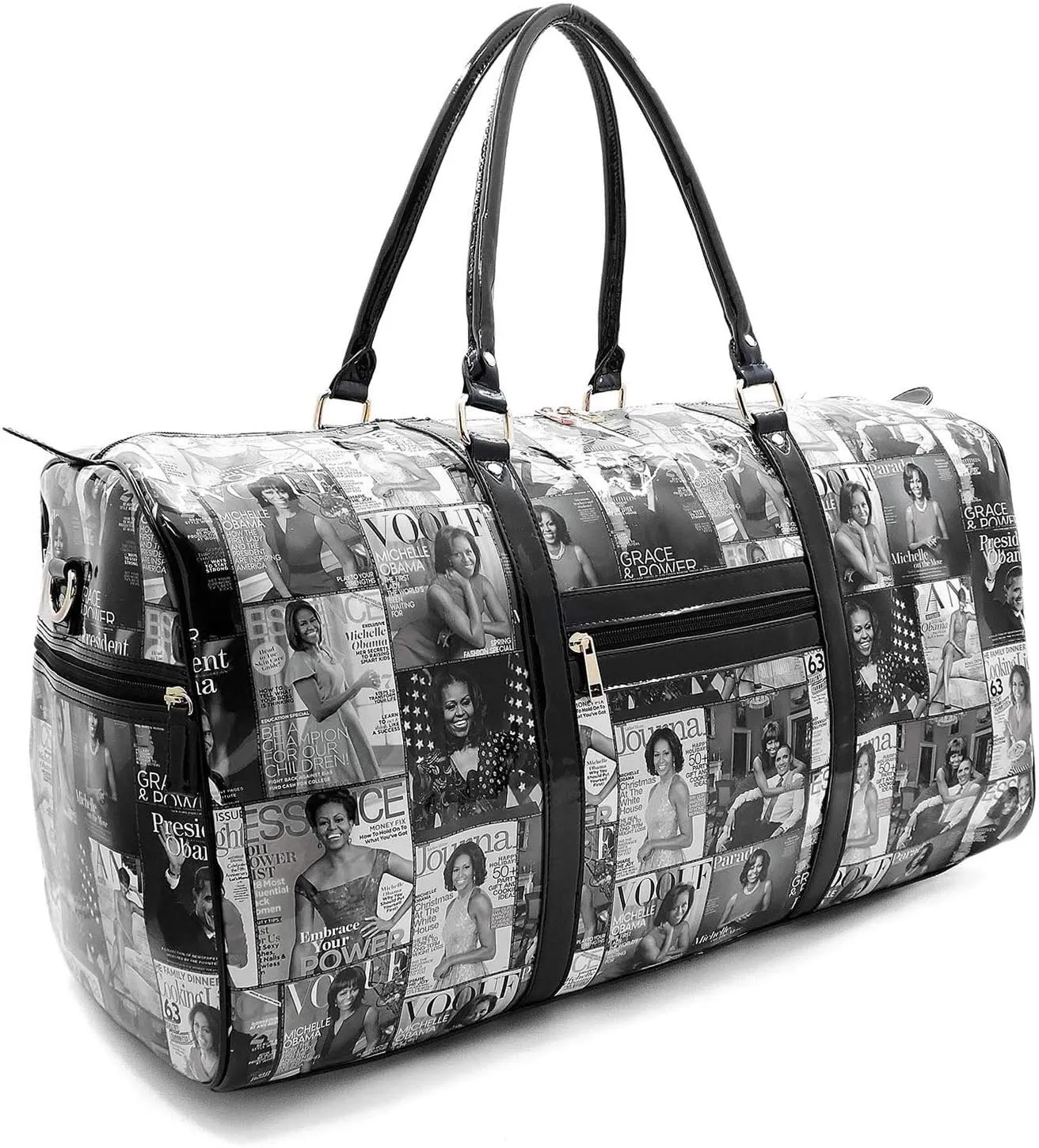 Michelle Obama Glossy Magazine Cover Weekender Duffel Bag (Black & White)