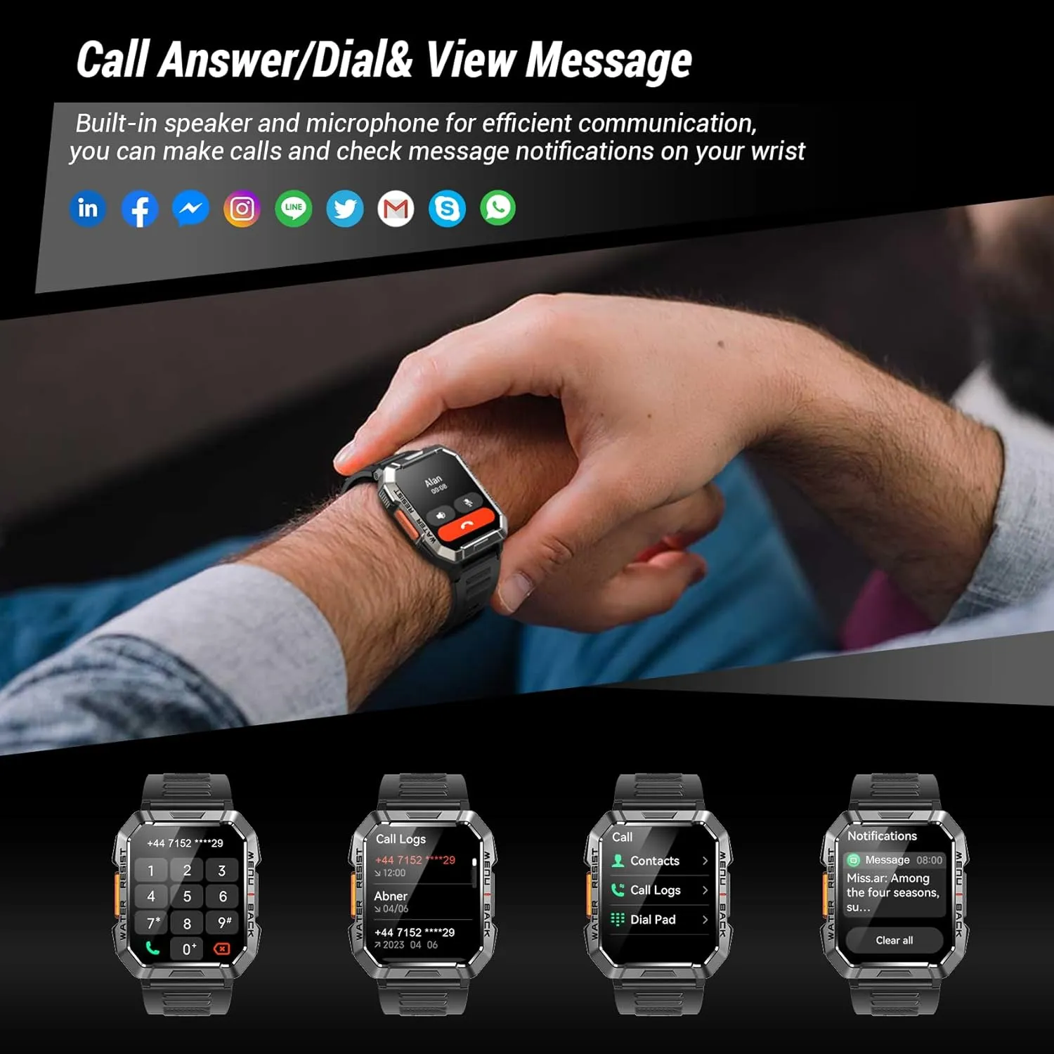 Military Smart Watch for Men (Answer/Make Calls), 2.01'' Smart Watch for Android and iPhone, Fitness Tracker with Flashlight/Compass/100 Days Battery/Heart Rate/Sleep/100  Sport Modes(2 Straps)