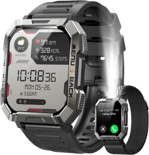 Military Smart Watch for Men (Answer/Make Calls), 2.01'' Smart Watch for Android and iPhone, Fitness Tracker with Flashlight/Compass/100 Days Battery/Heart Rate/Sleep/100  Sport Modes(2 Straps)