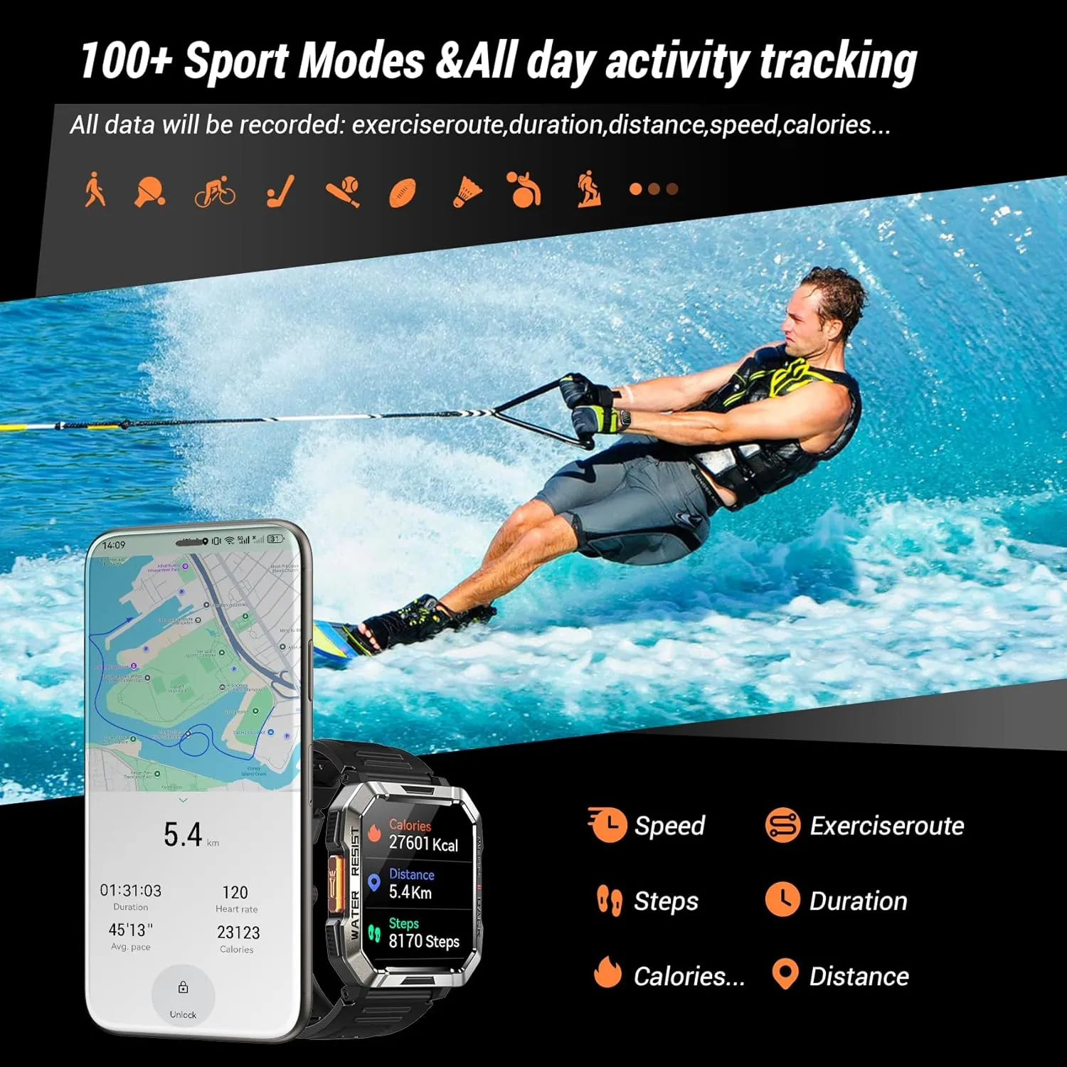 Military Smart Watch for Men (Answer/Make Calls), 2.01'' Smart Watch for Android and iPhone, Fitness Tracker with Flashlight/Compass/100 Days Battery/Heart Rate/Sleep/100  Sport Modes(2 Straps)