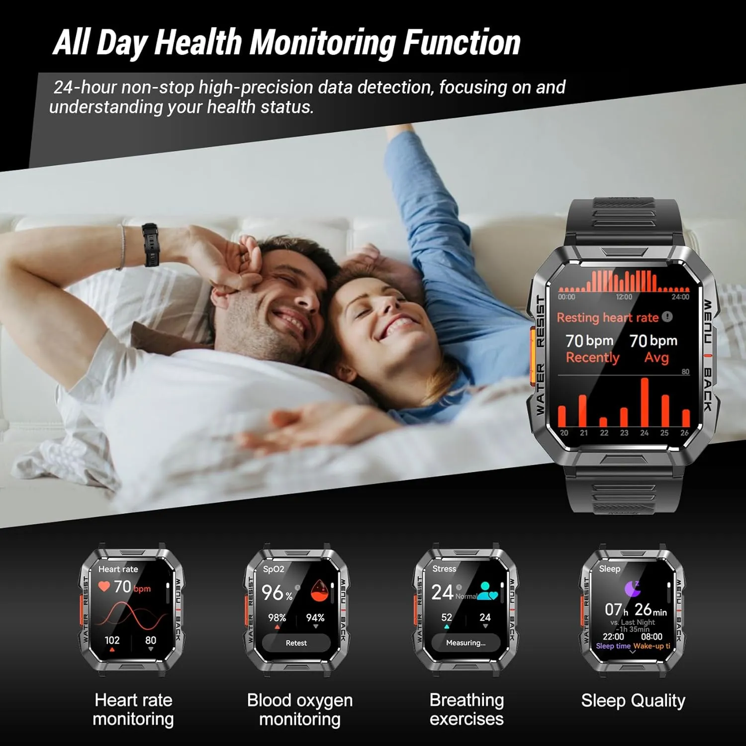 Military Smart Watch for Men (Answer/Make Calls), 2.01'' Smart Watch for Android and iPhone, Fitness Tracker with Flashlight/Compass/100 Days Battery/Heart Rate/Sleep/100  Sport Modes(2 Straps)