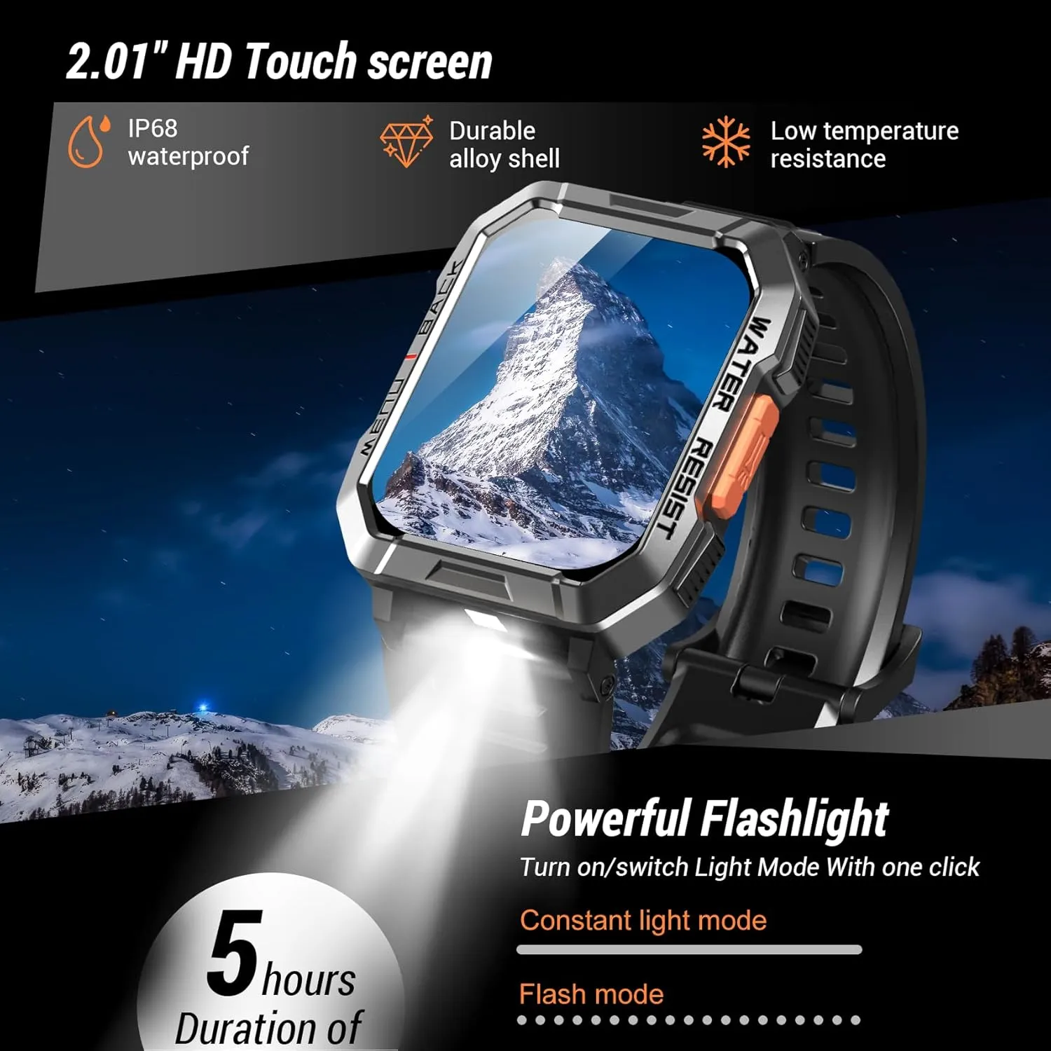Military Smart Watch for Men (Answer/Make Calls), 2.01'' Smart Watch for Android and iPhone, Fitness Tracker with Flashlight/Compass/100 Days Battery/Heart Rate/Sleep/100  Sport Modes(2 Straps)
