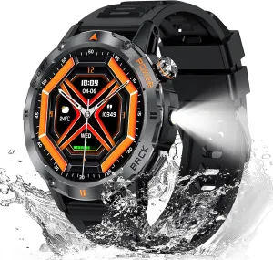 Military Smart Watch with Flash Light for Men (Answer/Make Call), Fitness Smart Watch for Android and iPhone Waterproof Smartwatch with Blood Oxygen/HeartRate/Sleep/120  Sport Modes, Black
