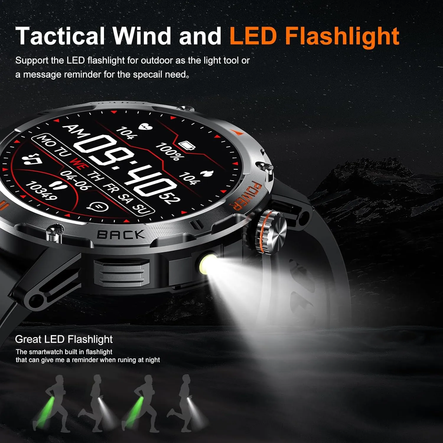 Military Smart Watch with Flash Light for Men (Answer/Make Call), Fitness Smart Watch for Android and iPhone Waterproof Smartwatch with Blood Oxygen/HeartRate/Sleep/120  Sport Modes, Black