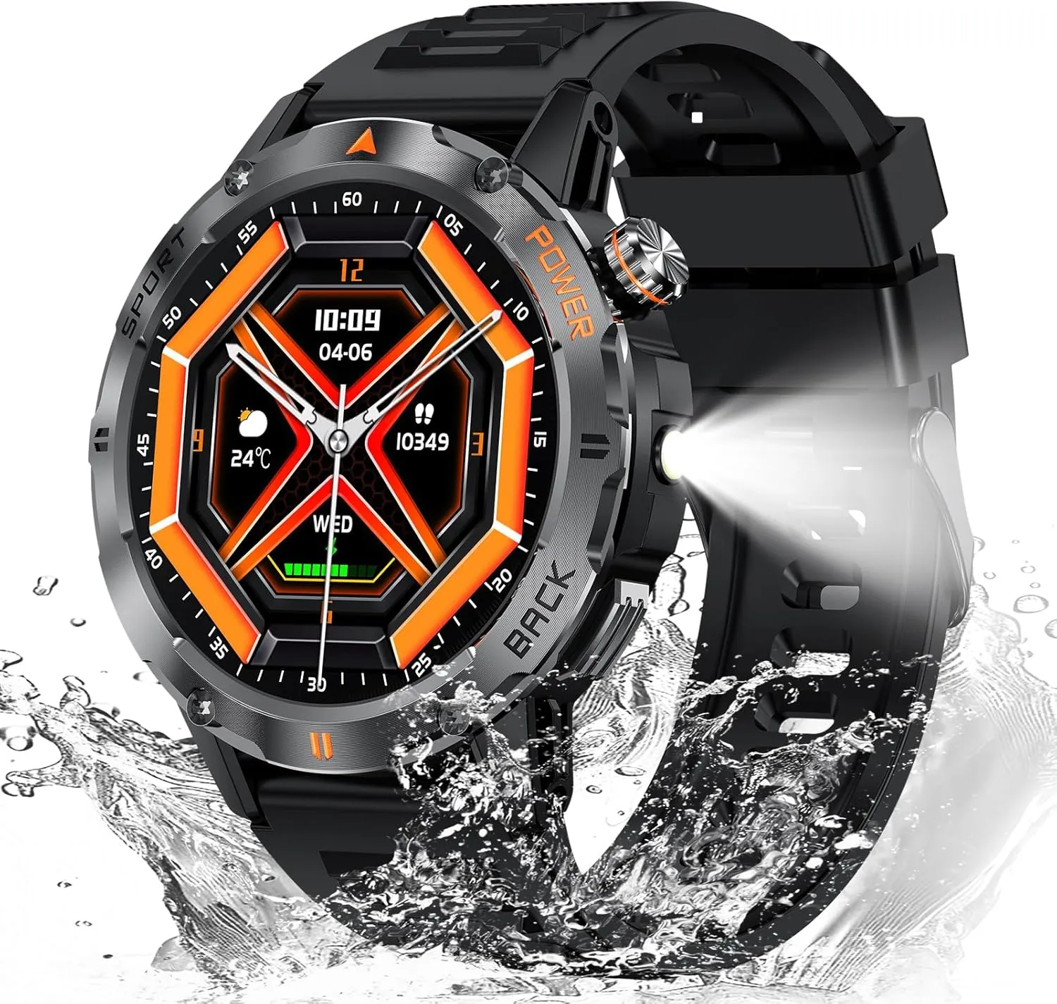 Military Smart Watch with Flash Light for Men (Answer/Make Call), Fitness Smart Watch for Android and iPhone Waterproof Smartwatch with Blood Oxygen/HeartRate/Sleep/120  Sport Modes, Black