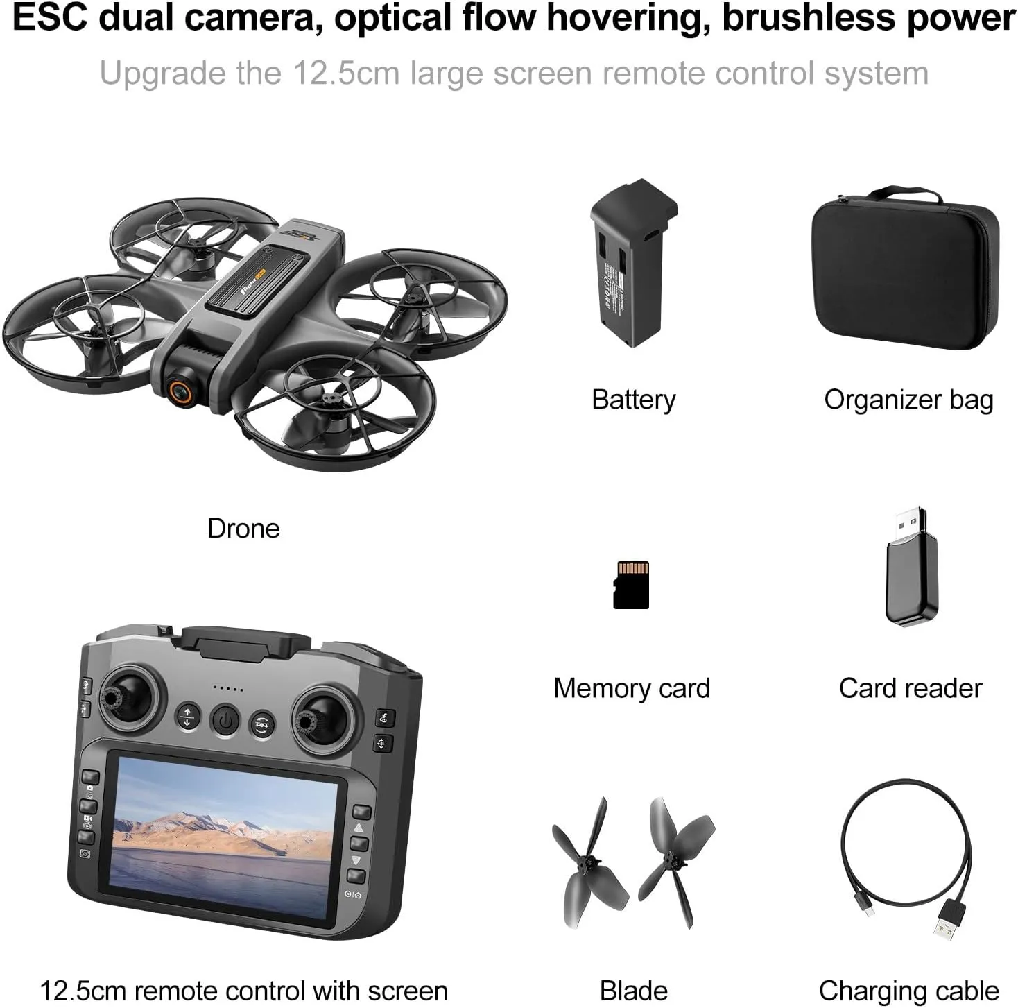 Mini Drone with 6Inch Screen Remote Control, Brushless Motor & ESC Camera Drone for Adults, 2.4G RC Quadcopter Altitude Hold Obstacle Avoidance For Adults (Black)