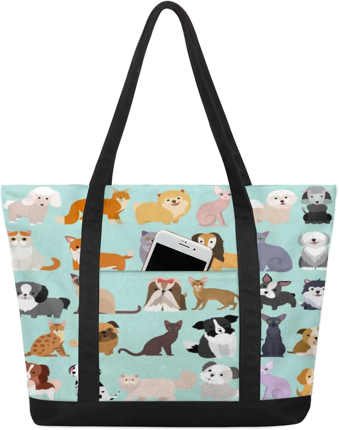 Mixing Animal Canvas Tote Bag Casual Shoulder Handbag Large Shopping Bags With 5 Pocket Carry On Weekender Backpack for Women Travel Work Gifts Duffle Grocery Compartment