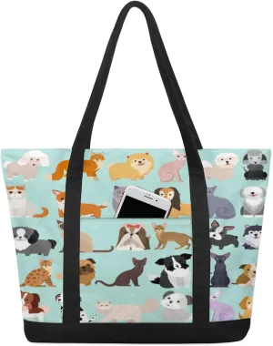 Mixing Animal Canvas Tote Bag Casual Shoulder Handbag Large Shopping Bags With 5 Pocket Carry On Weekender Backpack for Women Travel Work Gifts Duffle Grocery Compartment