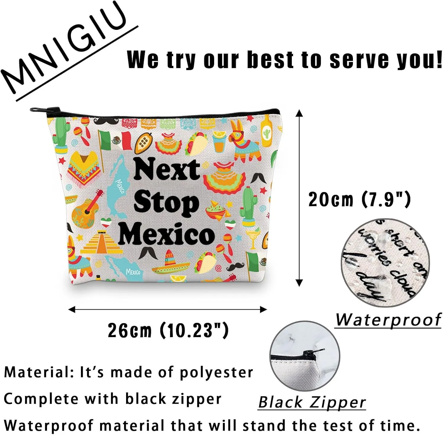 MNIGIU Mexico Symbols Souvenir Cosmetic Bag Mexico Vacation Gift Mexico Trip Makeup Bag Mexico Lover Gift North America Travel Gift