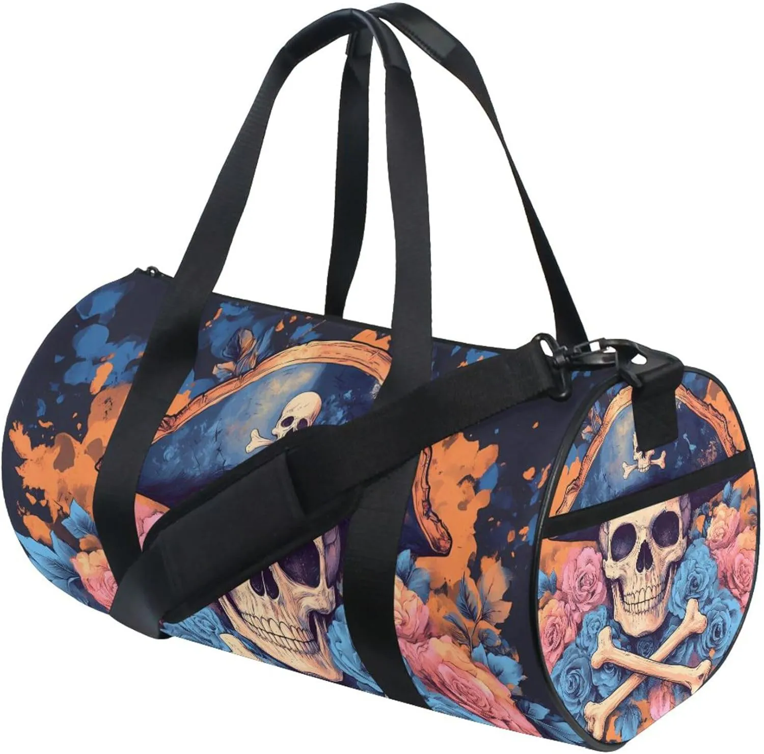 MNSRUU Sports Duffel Bags, Blue Flower Skeleton Pirate Athletic Gym Bag Overnight Workout Travel Tote Luggage for Men Women Yoga