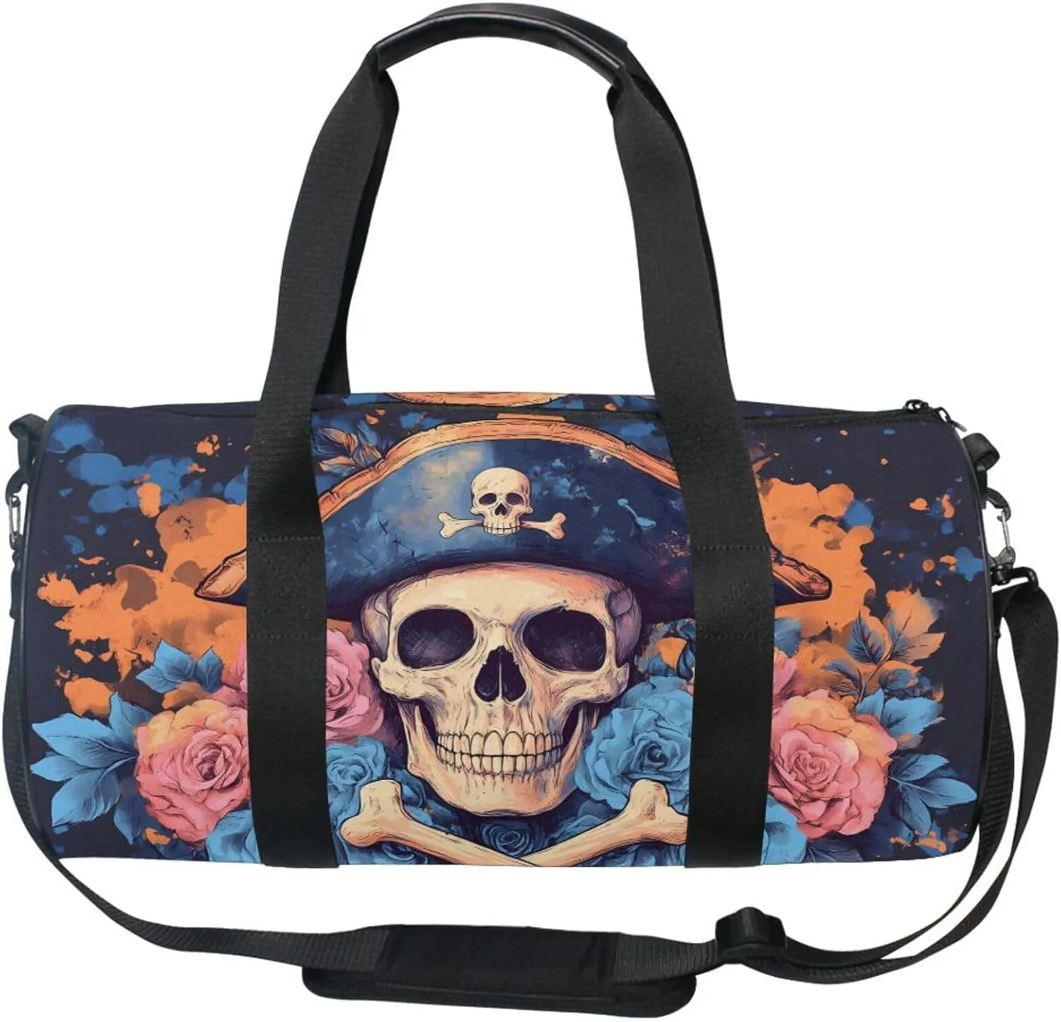 MNSRUU Sports Duffel Bags, Blue Flower Skeleton Pirate Athletic Gym Bag Overnight Workout Travel Tote Luggage for Men Women Yoga