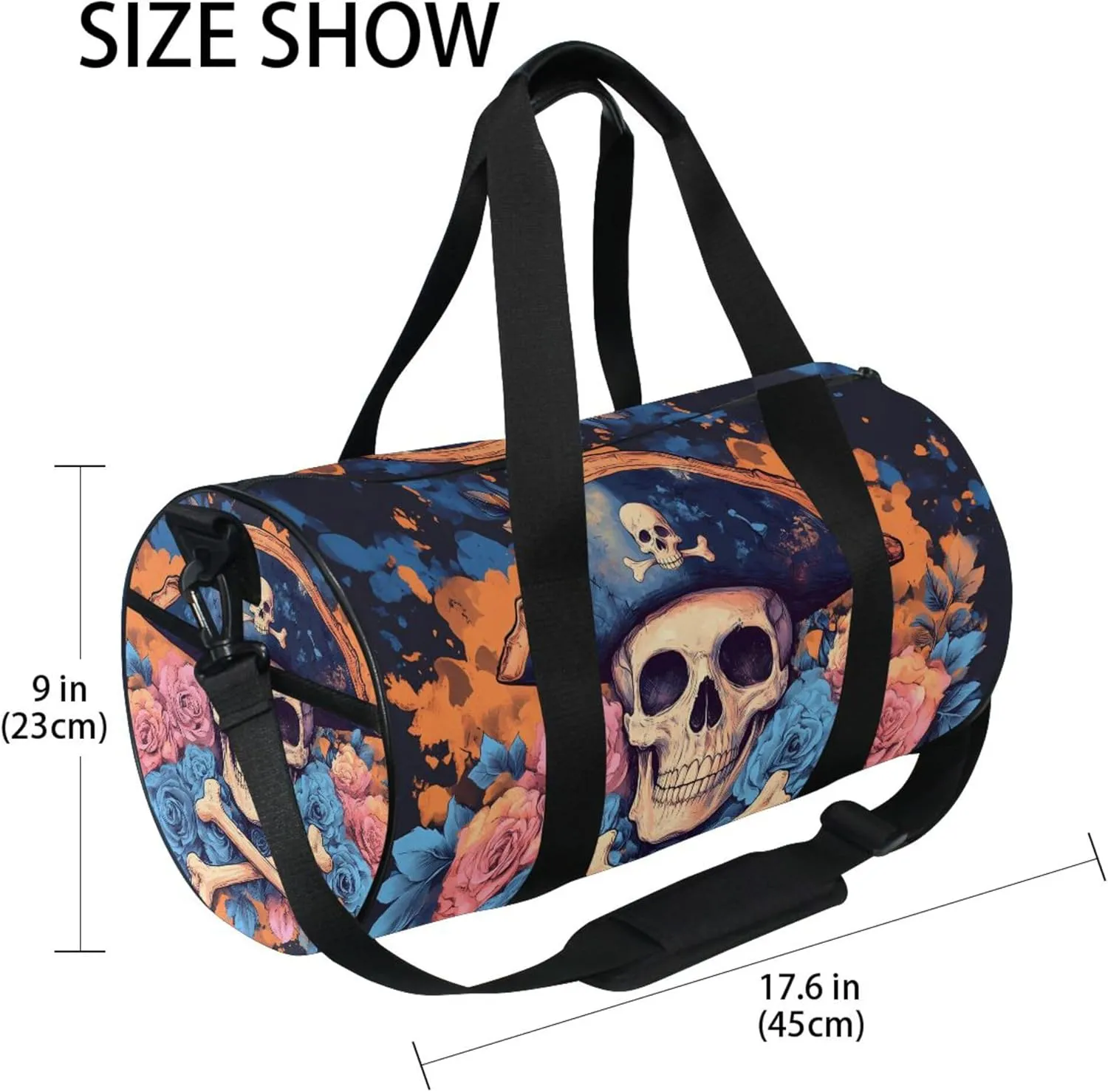 MNSRUU Sports Duffel Bags, Blue Flower Skeleton Pirate Athletic Gym Bag Overnight Workout Travel Tote Luggage for Men Women Yoga
