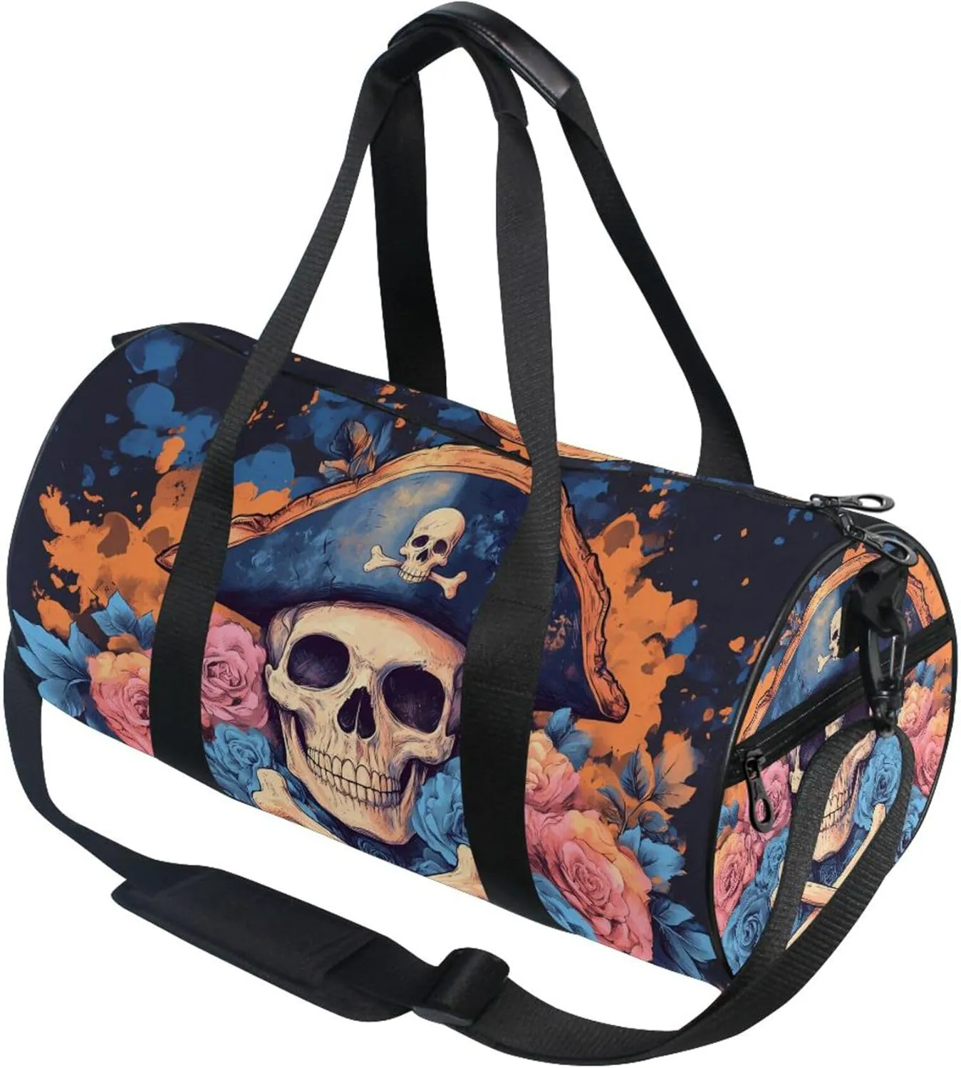 MNSRUU Sports Duffel Bags, Blue Flower Skeleton Pirate Athletic Gym Bag Overnight Workout Travel Tote Luggage for Men Women Yoga