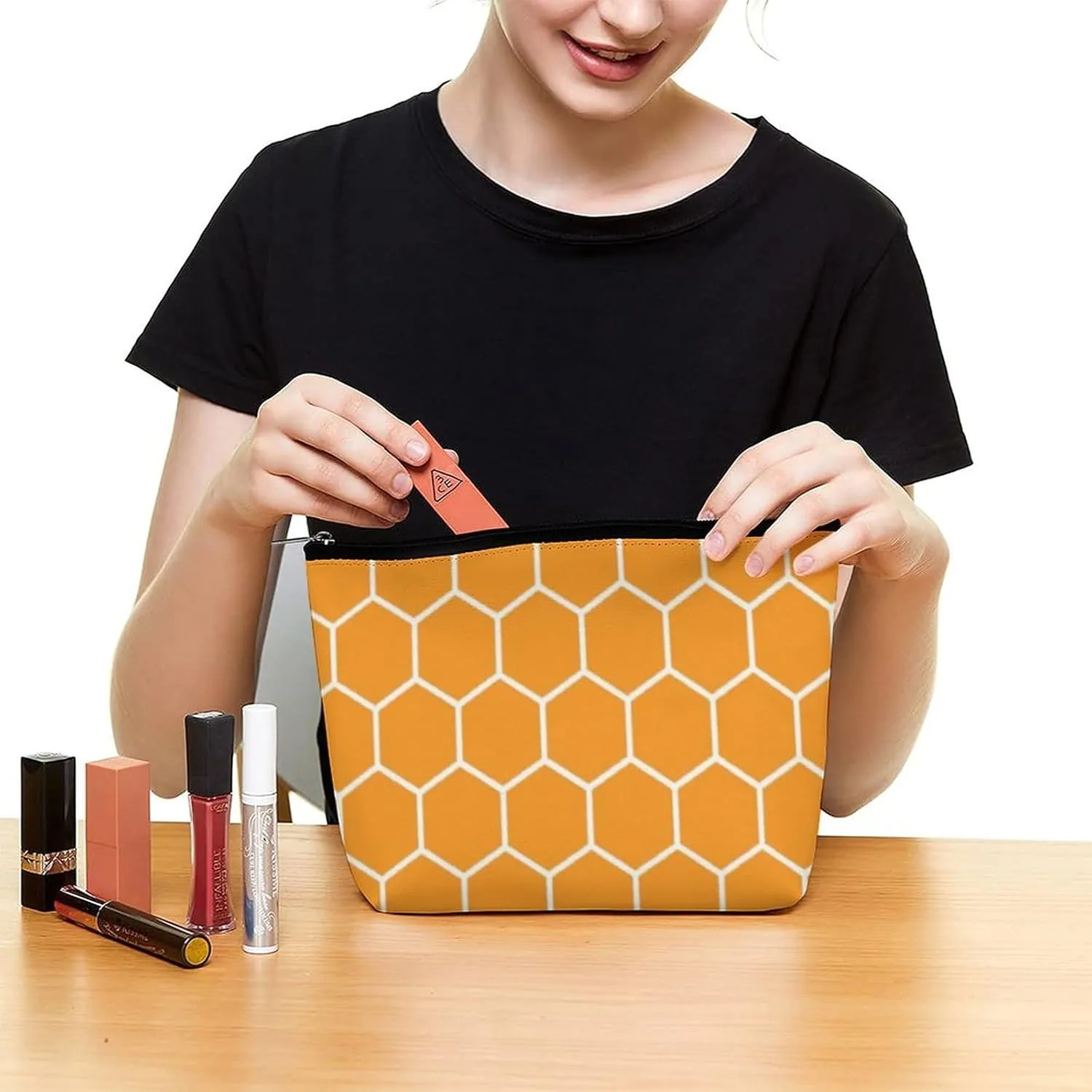 Modern Hexagonal Patterned | Bright Orange Cosmetic Bag, Travel Portable Makeup Bag for Purse Pouch Beauty Zipper Organizer Toiletry Bag for Women