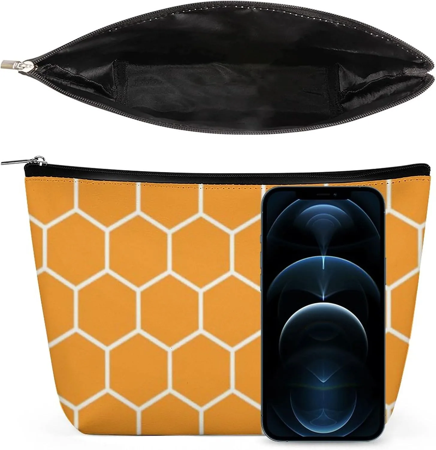 Modern Hexagonal Patterned | Bright Orange Cosmetic Bag, Travel Portable Makeup Bag for Purse Pouch Beauty Zipper Organizer Toiletry Bag for Women