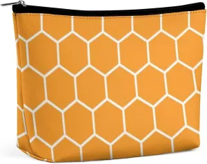 Modern Hexagonal Patterned | Bright Orange Cosmetic Bag, Travel Portable Makeup Bag for Purse Pouch Beauty Zipper Organizer Toiletry Bag for Women