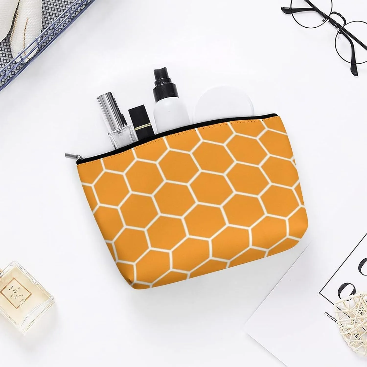 Modern Hexagonal Patterned | Bright Orange Cosmetic Bag, Travel Portable Makeup Bag for Purse Pouch Beauty Zipper Organizer Toiletry Bag for Women