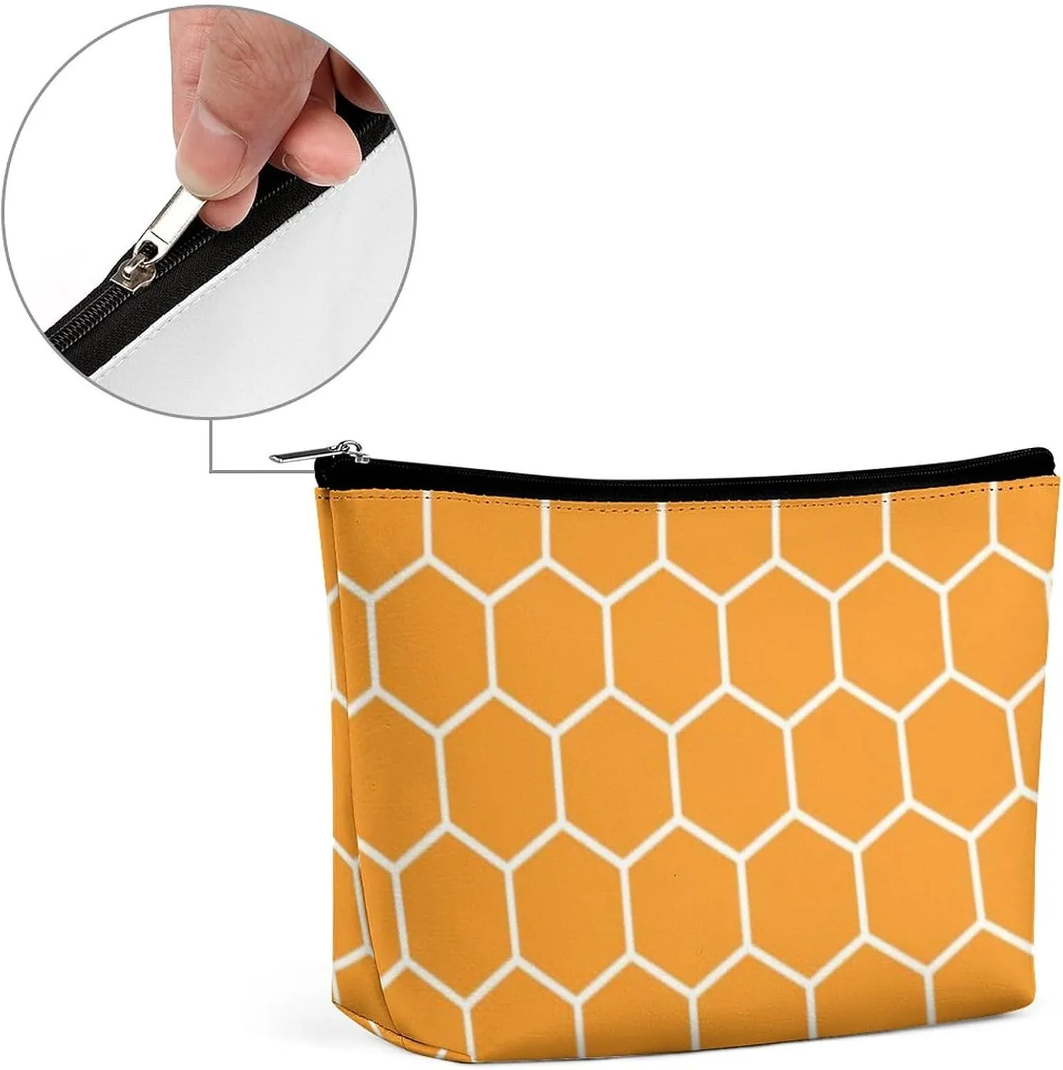 Modern Hexagonal Patterned | Bright Orange Cosmetic Bag, Travel Portable Makeup Bag for Purse Pouch Beauty Zipper Organizer Toiletry Bag for Women
