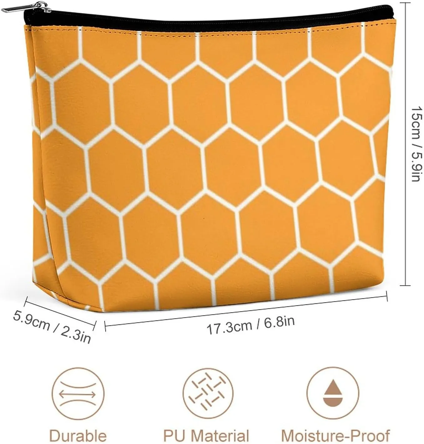 Modern Hexagonal Patterned | Bright Orange Cosmetic Bag, Travel Portable Makeup Bag for Purse Pouch Beauty Zipper Organizer Toiletry Bag for Women