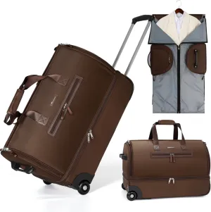 Modoker Convertible Rolling Garment Bag for Travel, Suit Travel Bag with Trolley, Garment Duffel Bag with Wheels & Shoes Compartment for Business Trip, Weekender - Brown