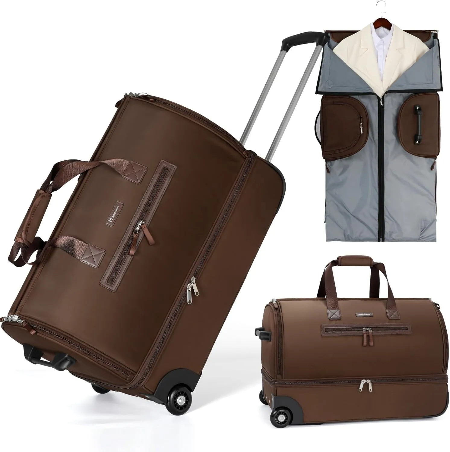 Modoker Convertible Rolling Garment Bag for Travel, Suit Travel Bag with Trolley, Garment Duffel Bag with Wheels & Shoes Compartment for Business Trip, Weekender - Brown