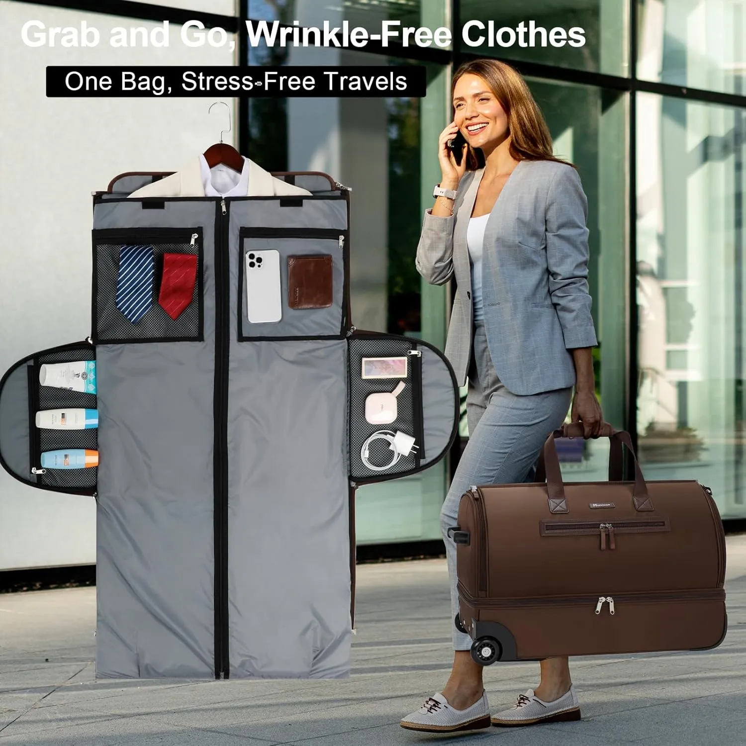 Modoker Convertible Rolling Garment Bag for Travel, Suit Travel Bag with Trolley, Garment Duffel Bag with Wheels & Shoes Compartment for Business Trip, Weekender - Brown