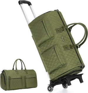 Modoker Rolling Garment Bag for Travel,Womens Convertible Garment Bags with Wheels, Luggage Suit Travel Bags,3 in 1 Carry On Wheeled Duffel Bag,Green