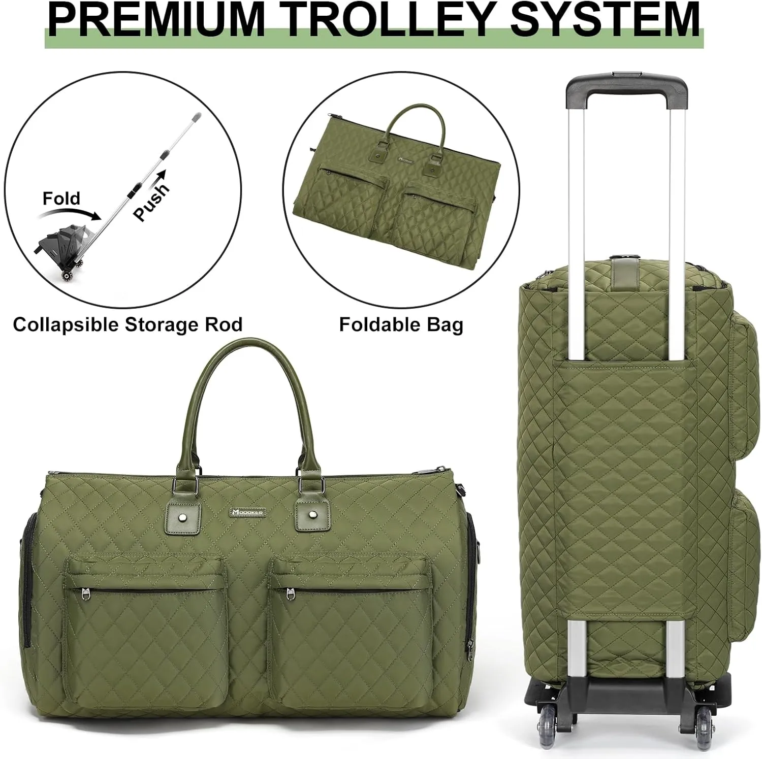 Modoker Rolling Garment Bag for Travel,Womens Convertible Garment Bags with Wheels, Luggage Suit Travel Bags,3 in 1 Carry On Wheeled Duffel Bag,Green