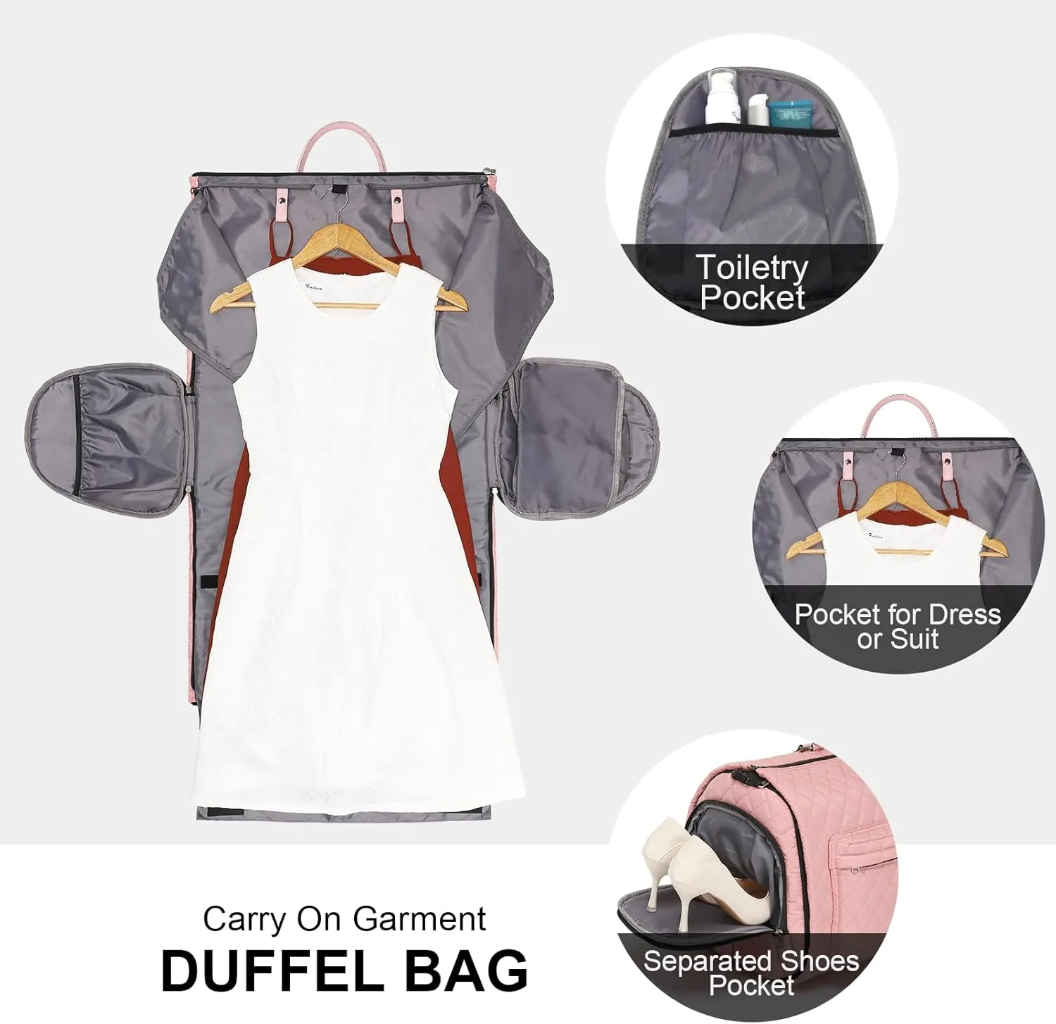 Modoker Rolling Garment Bag for Travel,Womens Convertible Garment Bags with Wheels, Luggage Suit Travel Bags,3 in 1 Carry On Wheeled Duffel Bag,Pink