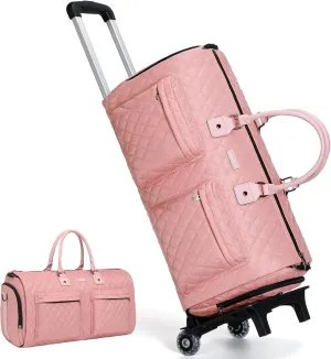 Modoker Rolling Garment Bag for Travel,Womens Convertible Garment Bags with Wheels, Luggage Suit Travel Bags,3 in 1 Carry On Wheeled Duffel Bag,Pink
