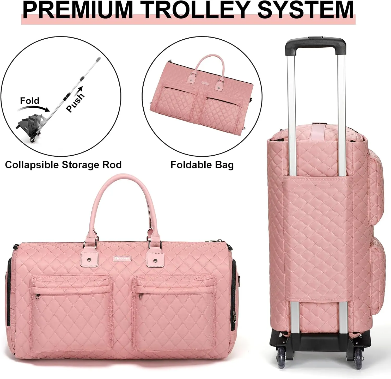Modoker Rolling Garment Bag for Travel,Womens Convertible Garment Bags with Wheels, Luggage Suit Travel Bags,3 in 1 Carry On Wheeled Duffel Bag,Pink