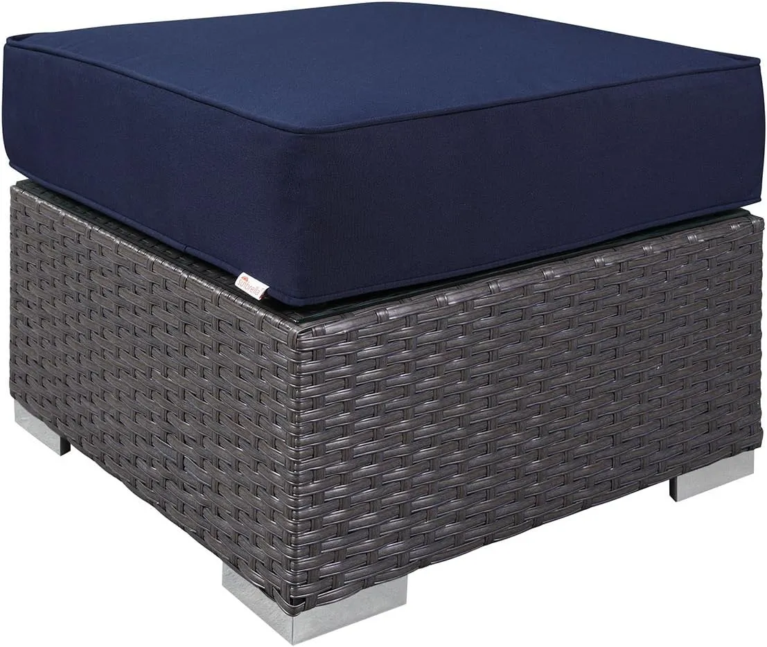 Modway Sojourn Wicker Rattan Outdoor Patio Sunbrella Fabric Ottoman in Canvas Navy