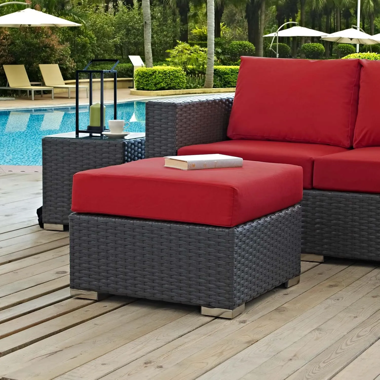 Modway Sojourn Wicker Rattan Outdoor Patio Sunbrella Fabric Ottoman in Canvas Red