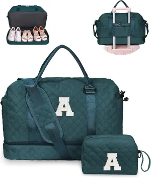 Monogrammed Gifts for Women-Initial Travel Bag with Shoe Compartment, Teacher Gifts Personalized Weekender Bag, Overnight Bag for Women, Letter Girls Duffel Bag with Makeup Bag (Letter A)