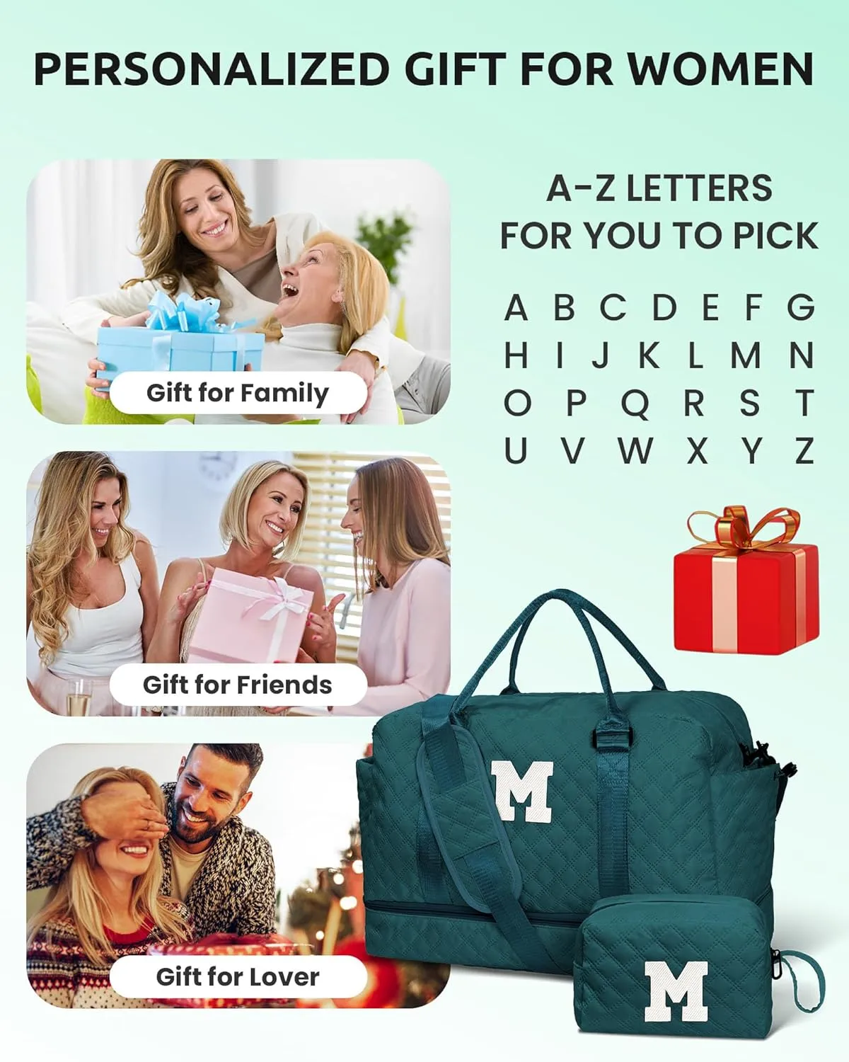 Monogrammed Gifts for Women-Initial Travel Bag with Shoe Compartment, Teacher Gifts Personalized Weekender Bag, Overnight Bag for Women, Letter Girls Duffel Bag with Makeup Bag (Letter A)