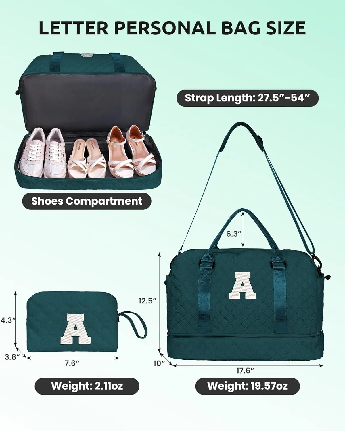 Monogrammed Gifts for Women-Initial Travel Bag with Shoe Compartment, Teacher Gifts Personalized Weekender Bag, Overnight Bag for Women, Letter Girls Duffel Bag with Makeup Bag (Letter A)