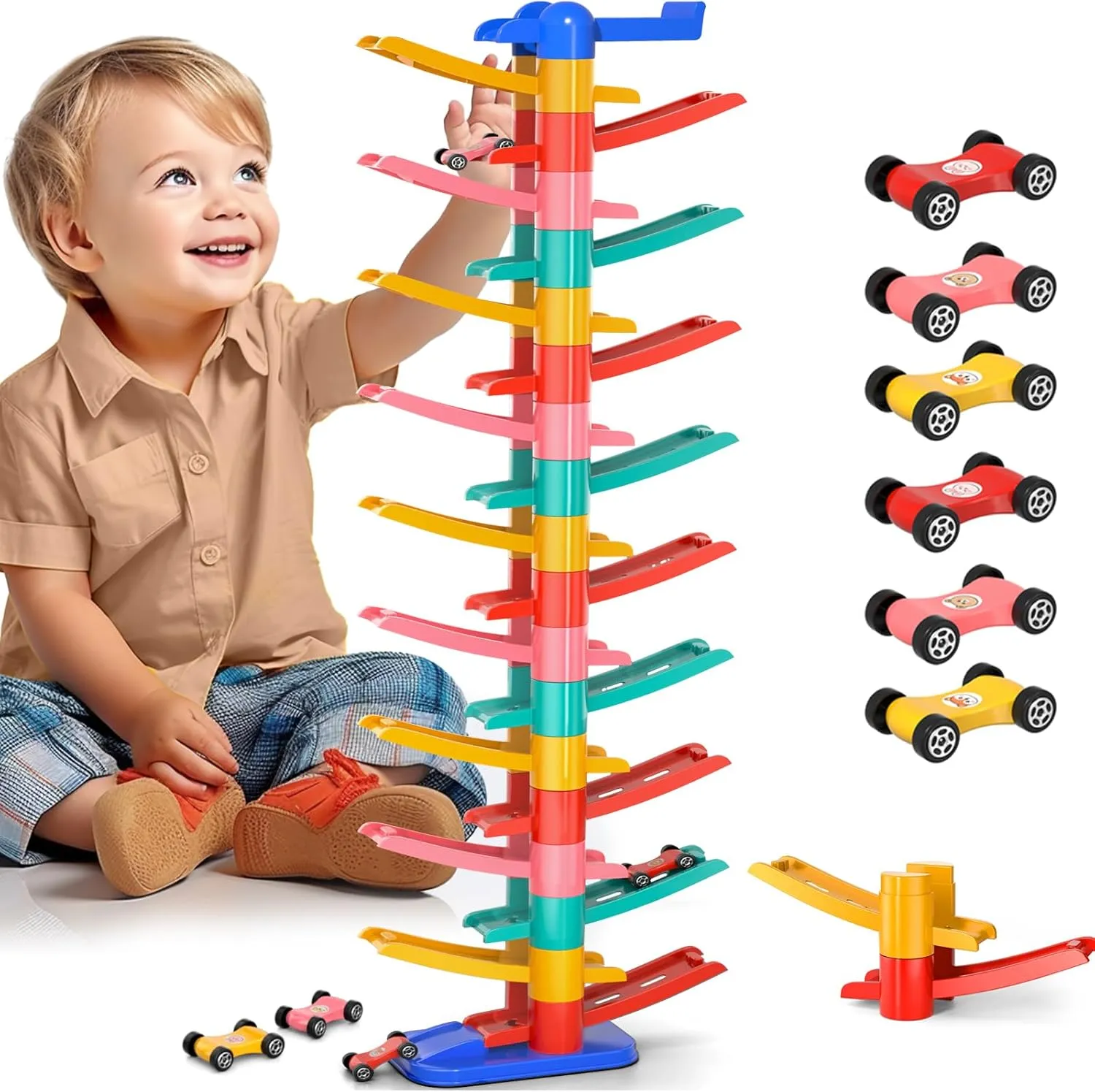 Montessori Toy for Toddlers 3-8, Car Ramp Toys with 6 Small Cars & 23-Layer High Race Tracks, 18 Month Old Toys for Kids