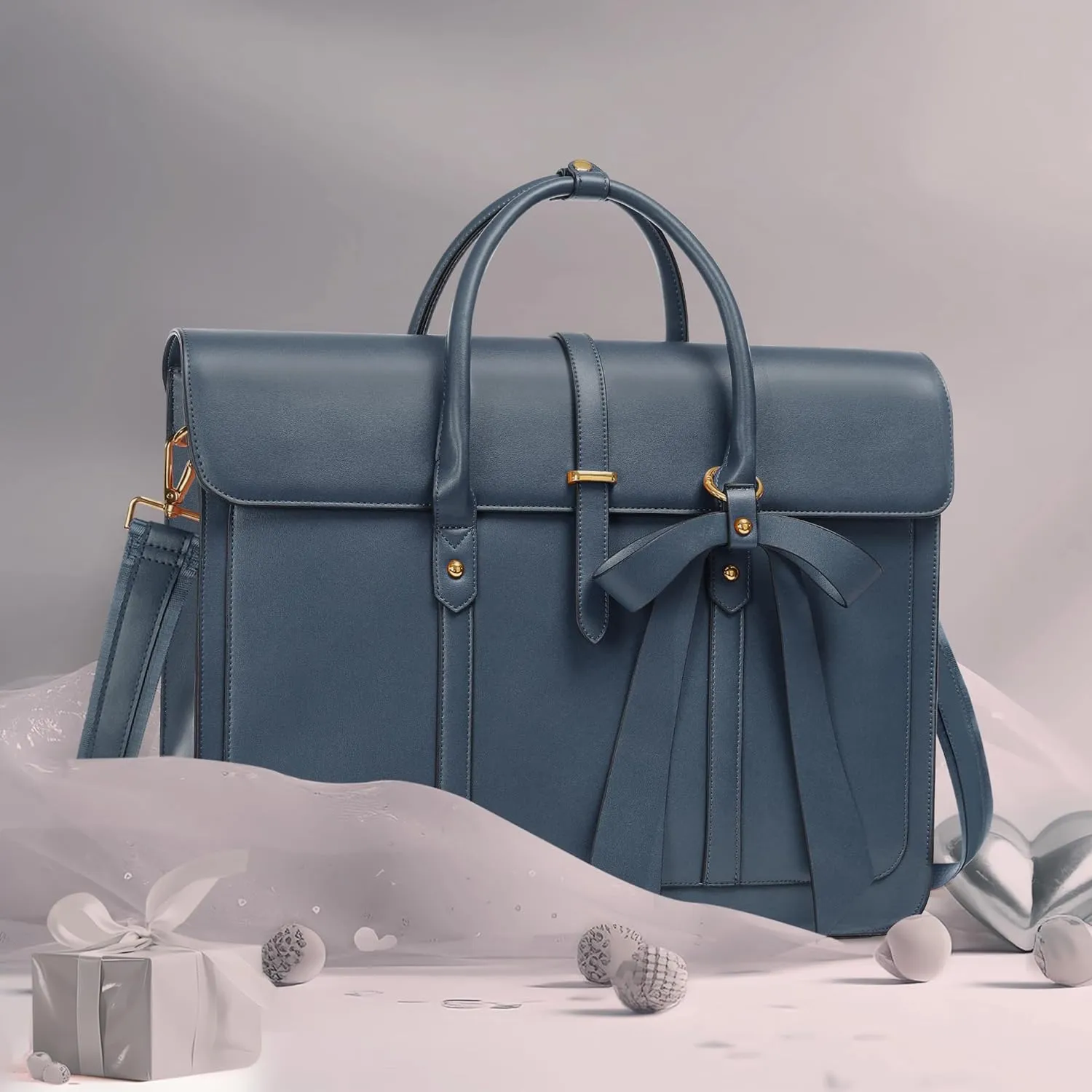 MOSISO 15-15.6 Inch PU Leather Laptop Shoulder Bag for Women - Convertible Backpack, 16 Inch Messenger, Casual Handbag, Work Briefcase, Travel Computer Bag With Bowknot, Peacock Blue
