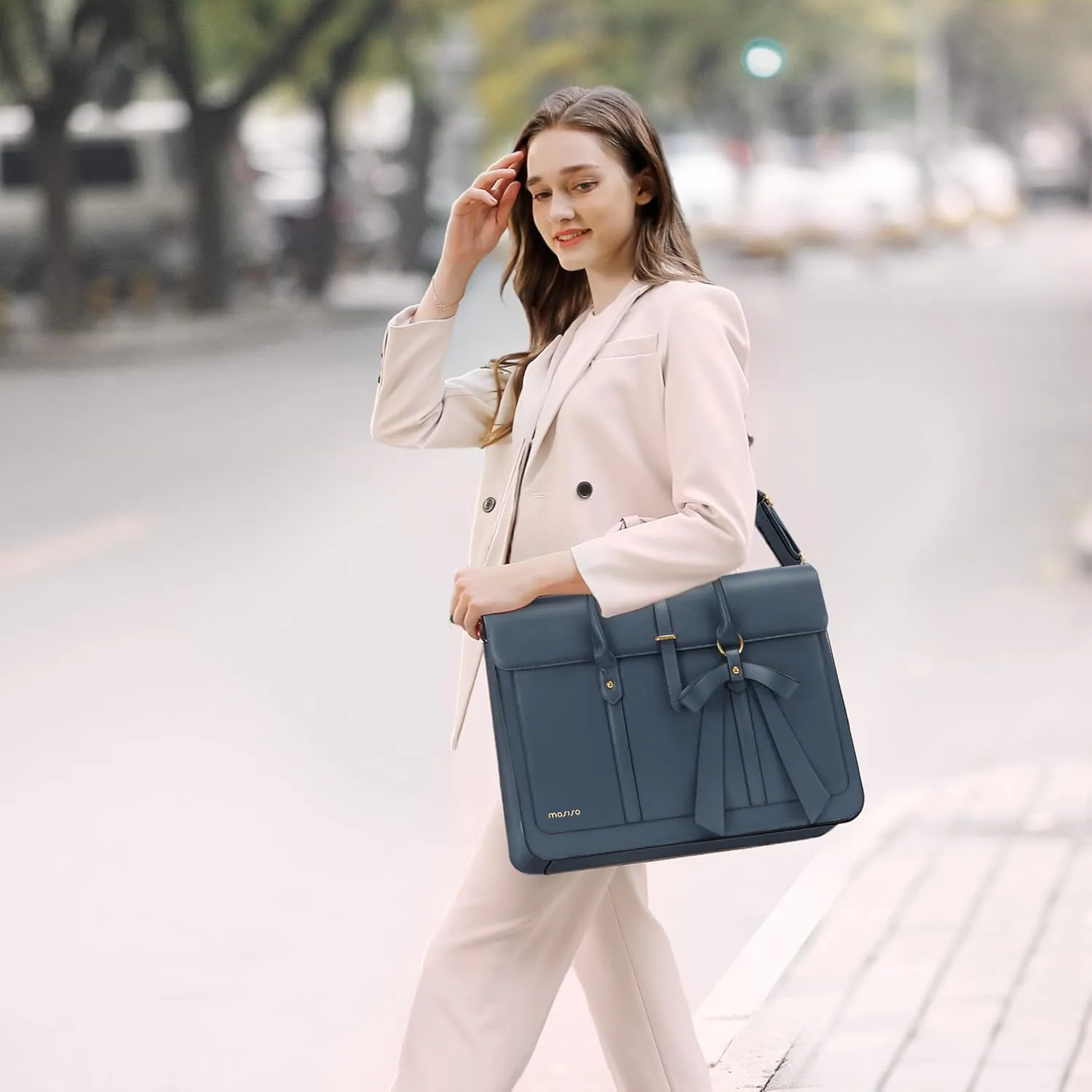MOSISO 15-15.6 Inch PU Leather Laptop Shoulder Bag for Women - Convertible Backpack, 16 Inch Messenger, Casual Handbag, Work Briefcase, Travel Computer Bag With Bowknot, Peacock Blue