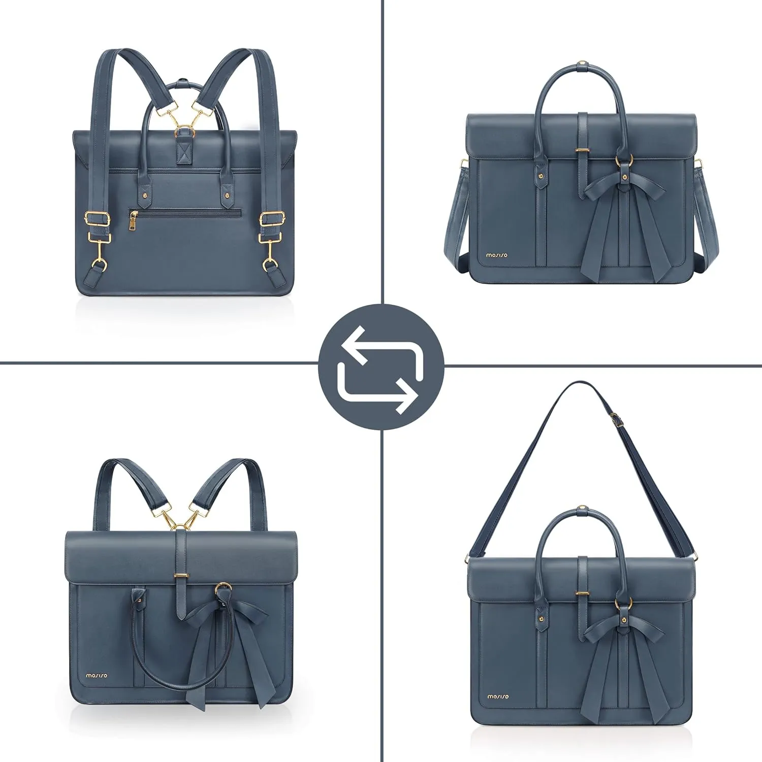 MOSISO 15-15.6 Inch PU Leather Laptop Shoulder Bag for Women - Convertible Backpack, 16 Inch Messenger, Casual Handbag, Work Briefcase, Travel Computer Bag With Bowknot, Peacock Blue
