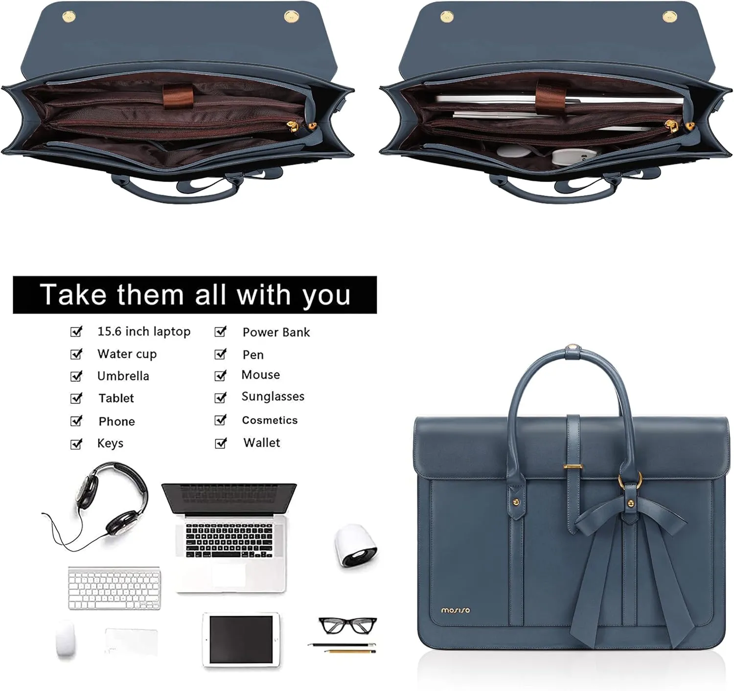 MOSISO 15-15.6 Inch PU Leather Laptop Shoulder Bag for Women - Convertible Backpack, 16 Inch Messenger, Casual Handbag, Work Briefcase, Travel Computer Bag With Bowknot, Peacock Blue