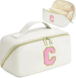 Mothers Day Gifts - Initial Makeup Bag for Teen Girl Gifts Trendy Stuff - Travel Cosmetic Bags for Women - PU Leather Toiletry Bag Make Up Pouch - Personalized Skincare Bag Birthday Gifts - White C