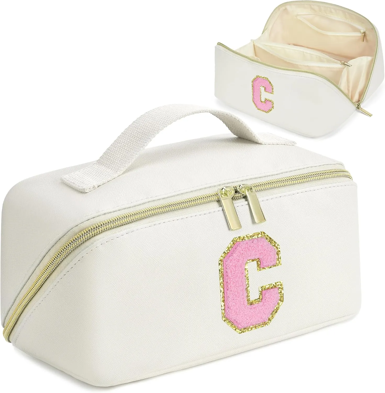 Mothers Day Gifts - Initial Makeup Bag for Teen Girl Gifts Trendy Stuff - Travel Cosmetic Bags for Women - PU Leather Toiletry Bag Make Up Pouch - Personalized Skincare Bag Birthday Gifts - White C